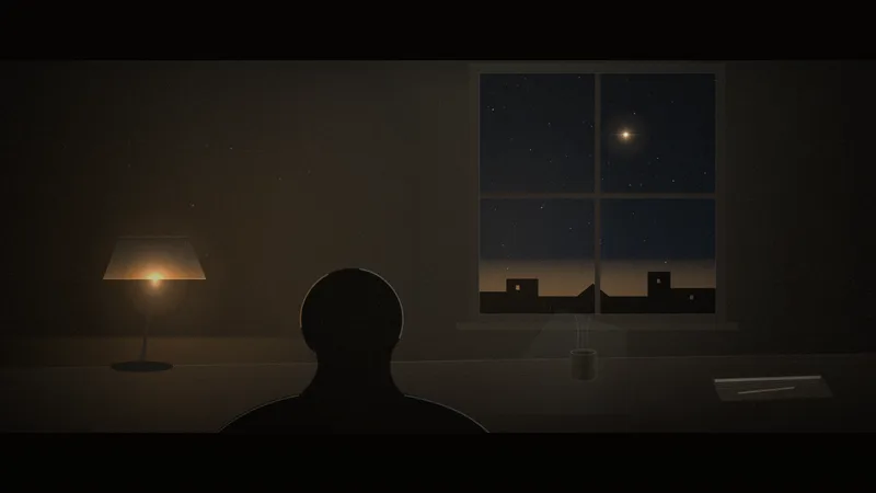 A silhouette sits at a desk before a night window with a bright star, the opening scene of The Dimensions of Reality explainer