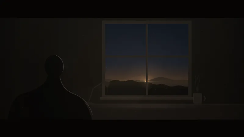 A silhouette watches a Mars-orange sunrise through a window, the opening scene of the E = mc² explainer