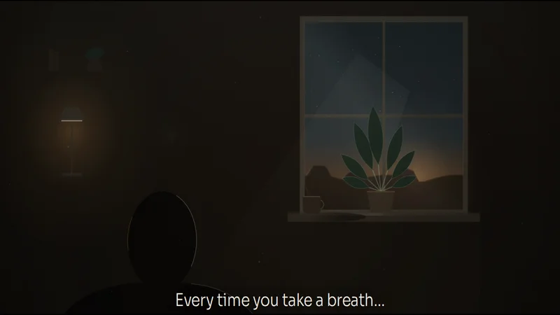 A silhouette sits before a window with a potted plant at dusk, the opening scene of the photosynthesis explainer