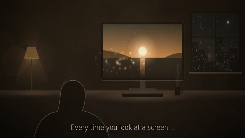 A silhouette watches light spill from a glowing screen in a dim room, the opening scene of the quantum mechanics explainer